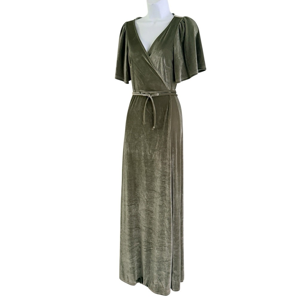 Baltic Born Meghan Velvet Maxi Wrap Style Dress S  Sage Green Flutter Sleeve